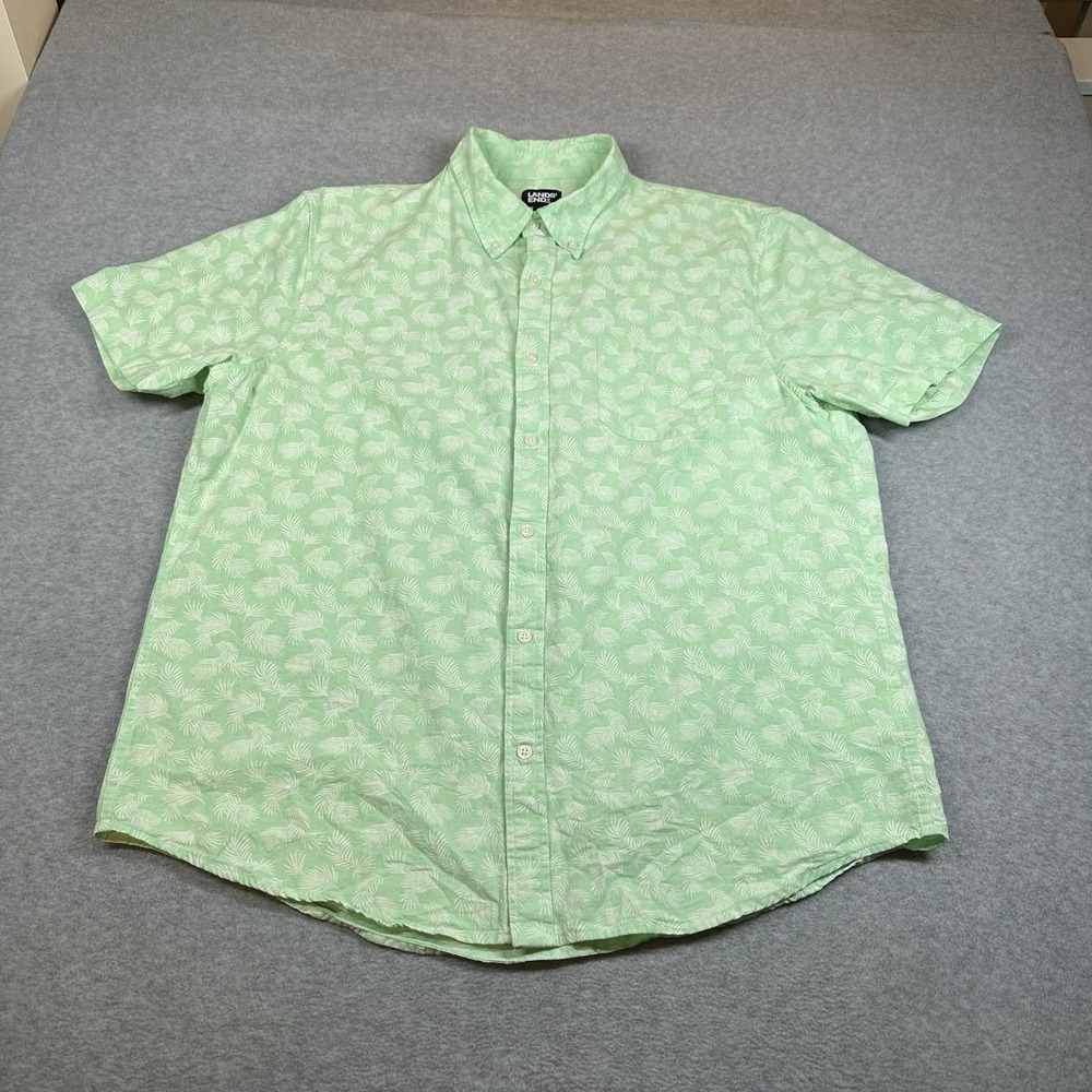 Lands' End Hawaiian Shirt Mens XL Bright Green Floral Aloha 100% Cotton